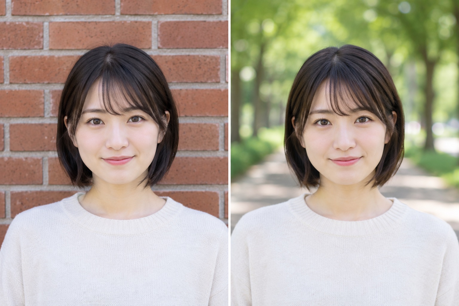 人物の写真の比較。左はレンガの壁のすぐ前に立ち、右は並木道に立っている