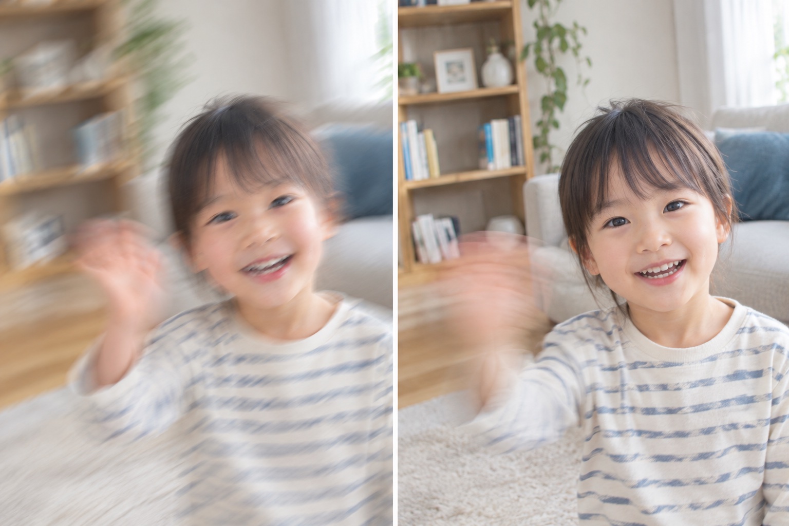 室内で手を振る子どもの比較。左は写真全体がブレ、右は振っている手だけがブレている
