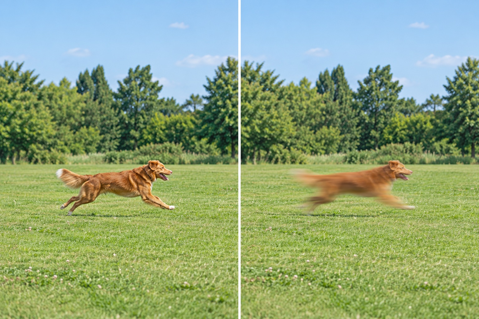 芝生を走る犬の比較。左は犬がくっきり止まって写り、右は犬だけがブレている
